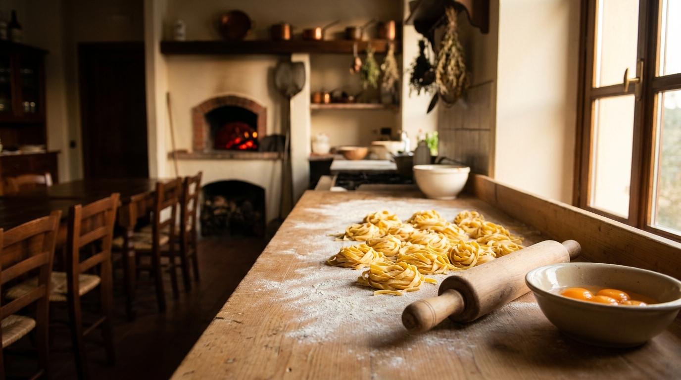 Freshly pulled tagliatelle on a floured wooden board, with the glowing opening of a brick wood-fired oven in the background
