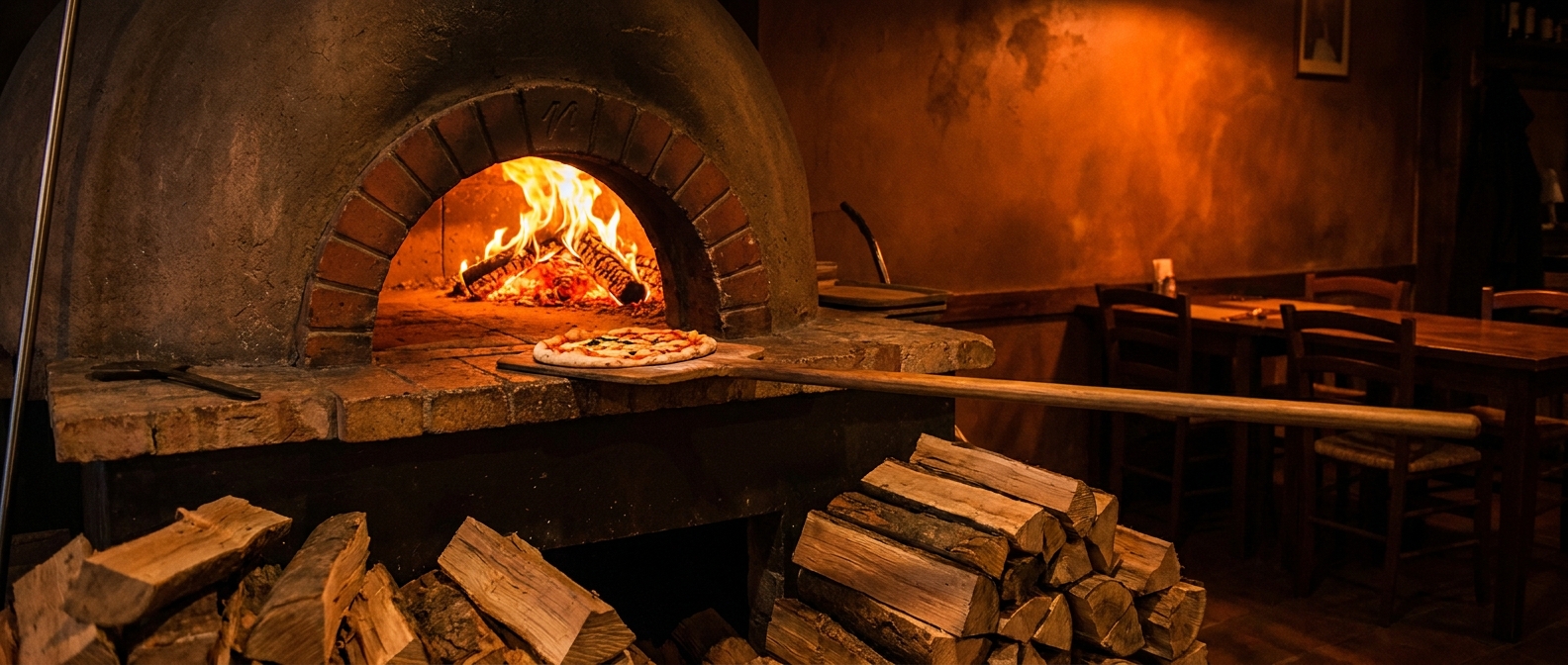 Burning wood-fired oven at Trattoria Oliva, with a pizza on the wooden peel and stacked firewood in front