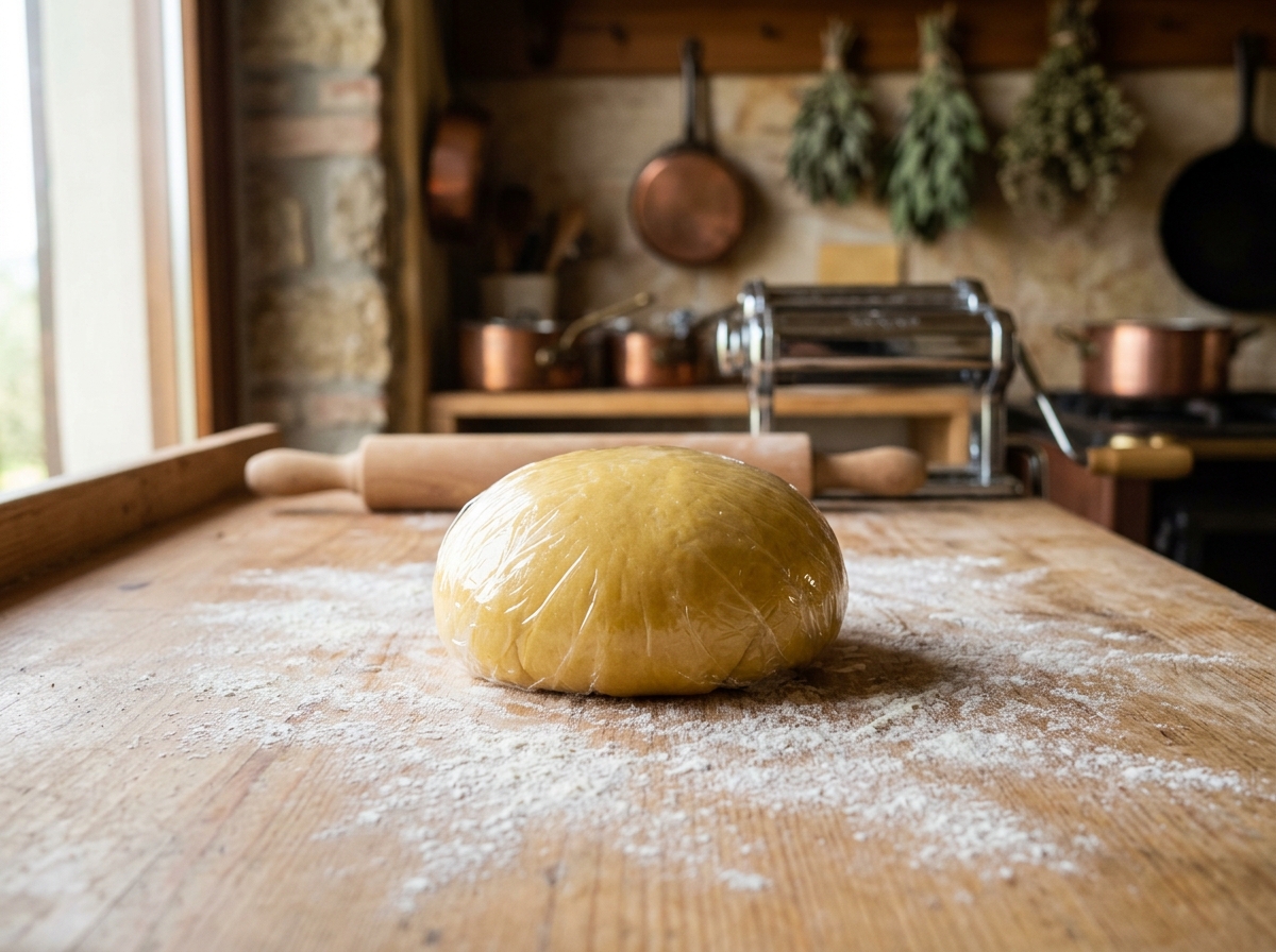 Ball of egg pasta dough wrapped in cling film resting on the floured wooden worktop, with a rolling pin and pasta machine behind it