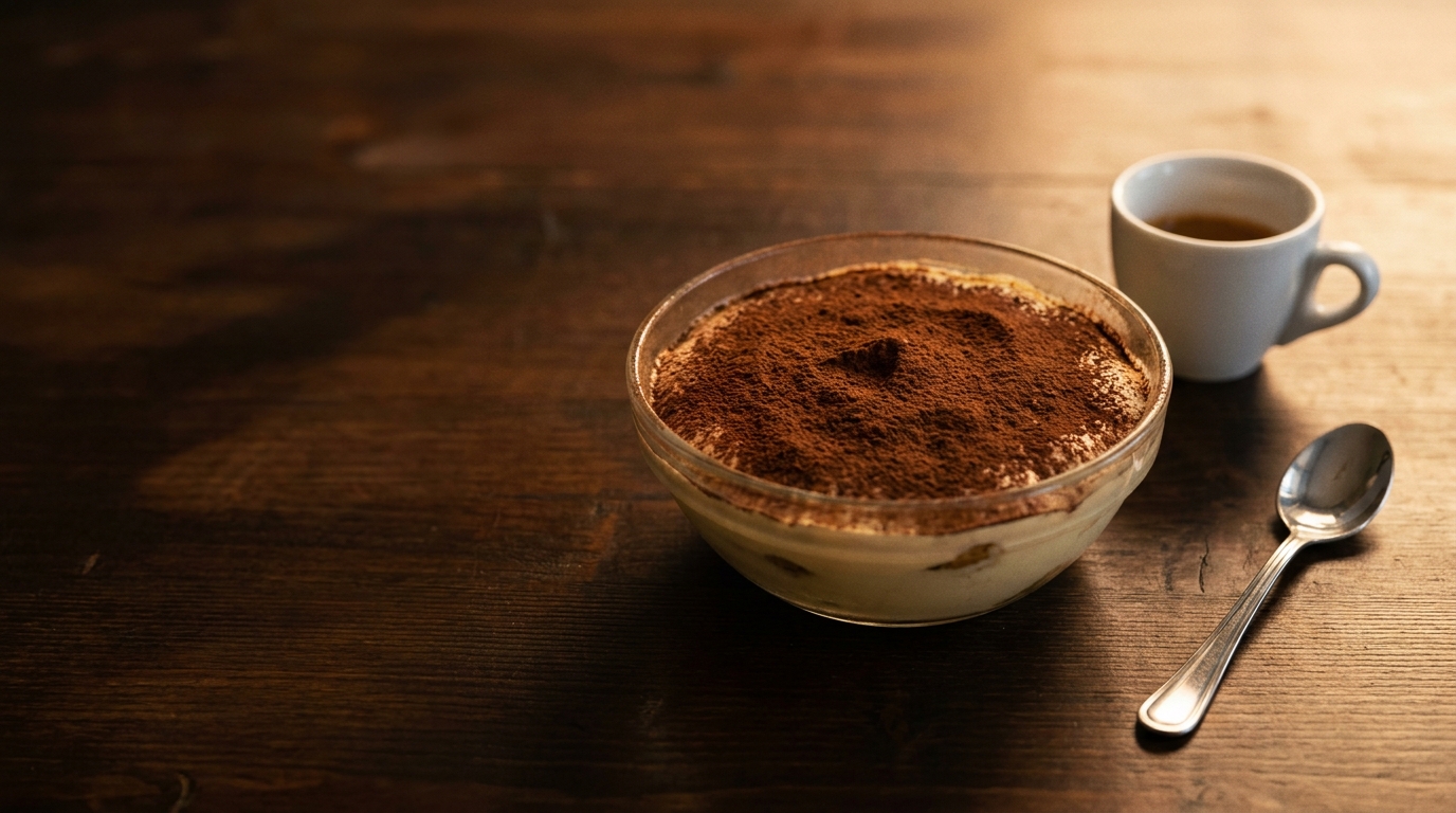 Tiramisù mit Kakaopulver in einer Glasschale neben einer Espressotasse auf dunklem Holztisch