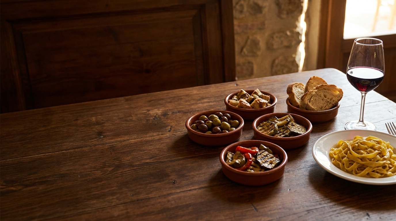 Set wooden table with antipasti bowls, a plate of handmade ribbon pasta and a glass of red wine in warm evening light