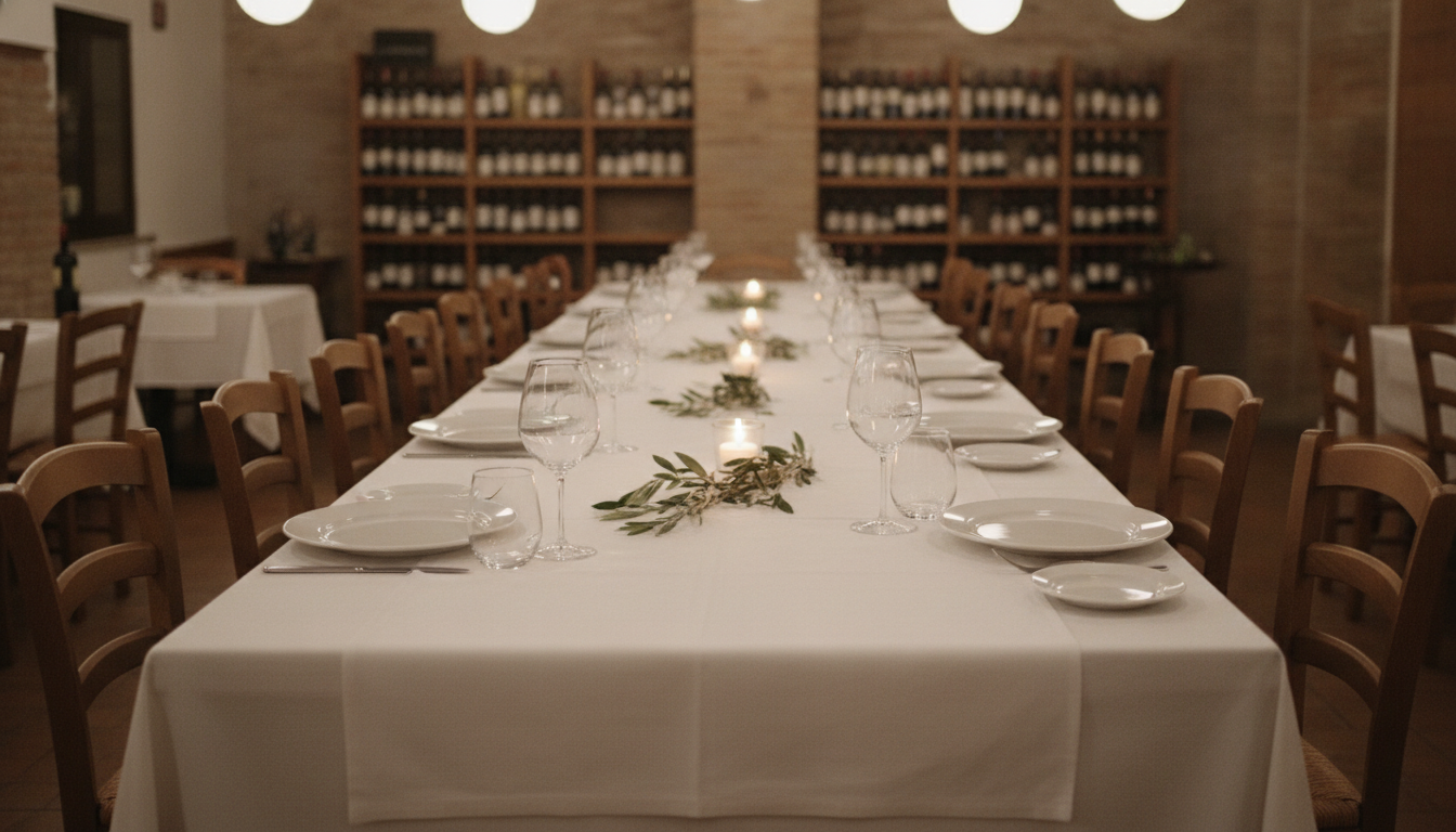 Lange weiß gedeckte Tafel mit Weingläsern, Kerzen und Olivenzweigen in einem warm beleuchteten Gastraum