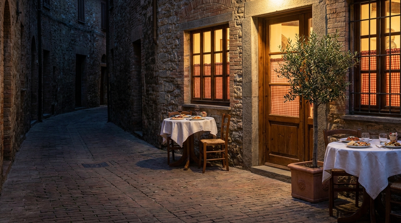 Beleuchteter Eingang der Trattoria in einer Backsteingasse der Altstadt, davor zwei gedeckte Holztische und ein Olivenbaum im Topf