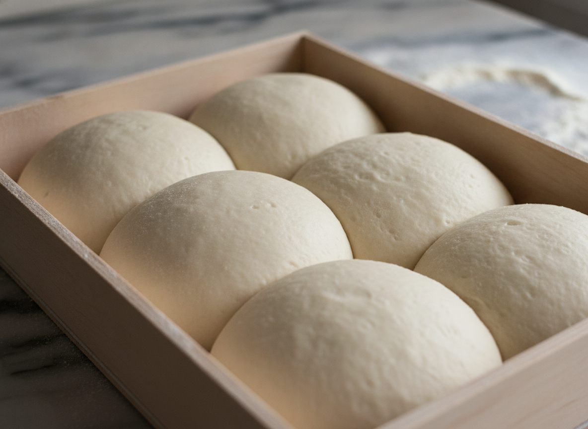 Bemehlte Pizzateiglinge mit feinen Gärbläschen ruhen in einer offenen Holzkiste auf einer Marmorarbeitsplatte