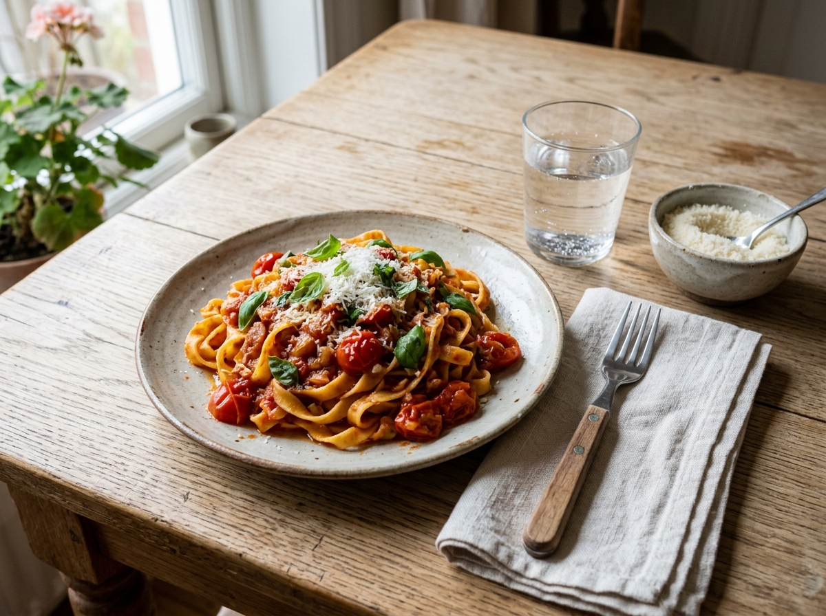 Teller mit hausgemachter Bandnudel-Pasta in Tomatensugo, daneben ein Glas Wasser auf hellem Holztisch