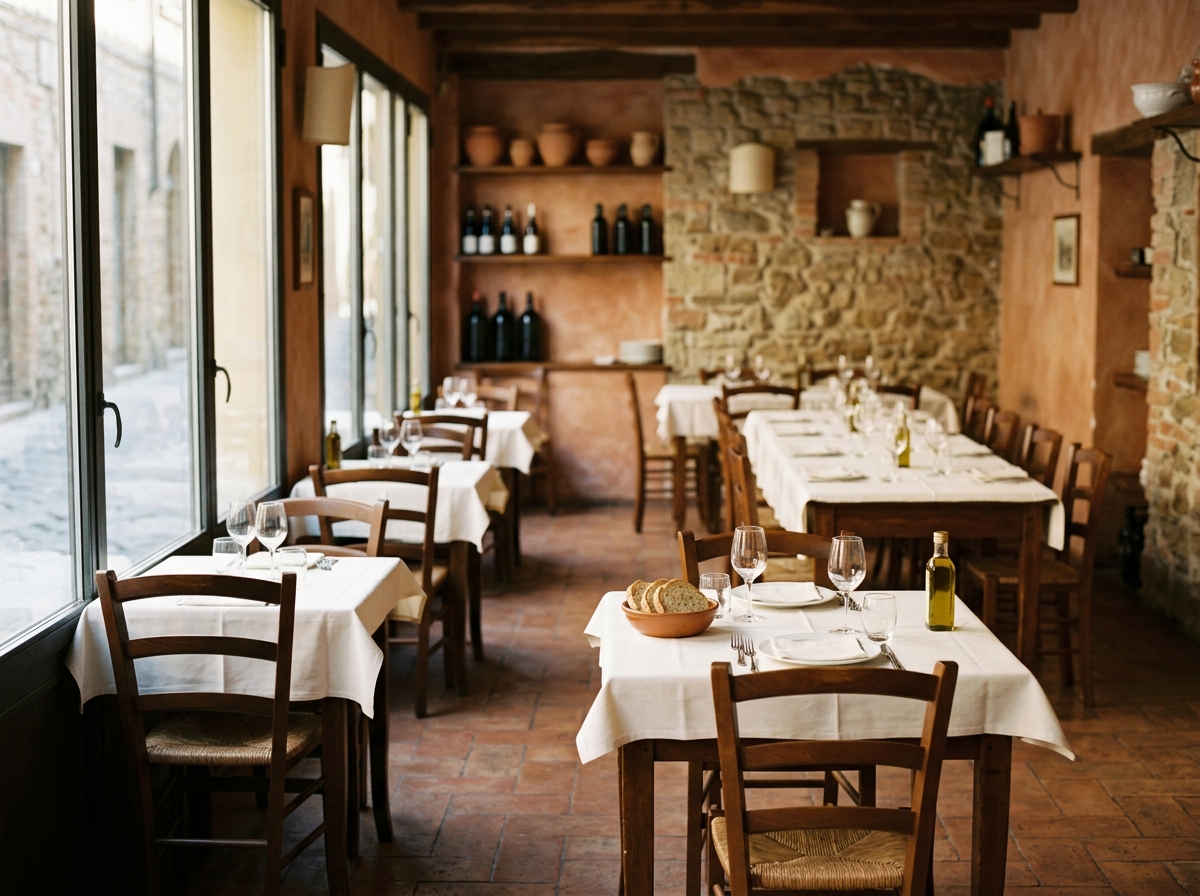 Trattoria dining room with tables for two by the window and combined tables in the back area
