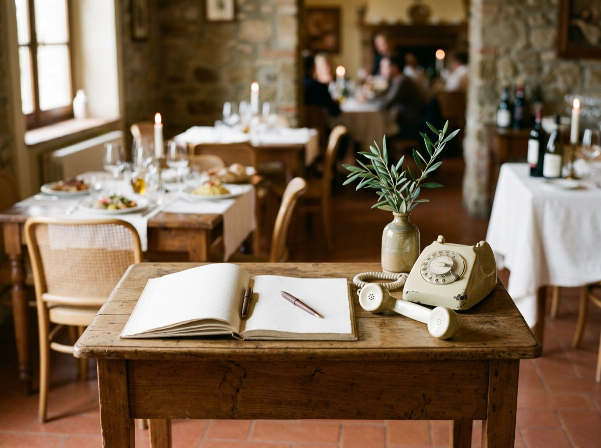 Trattoria reception desk with an open reservation book and a lifted telephone receiver