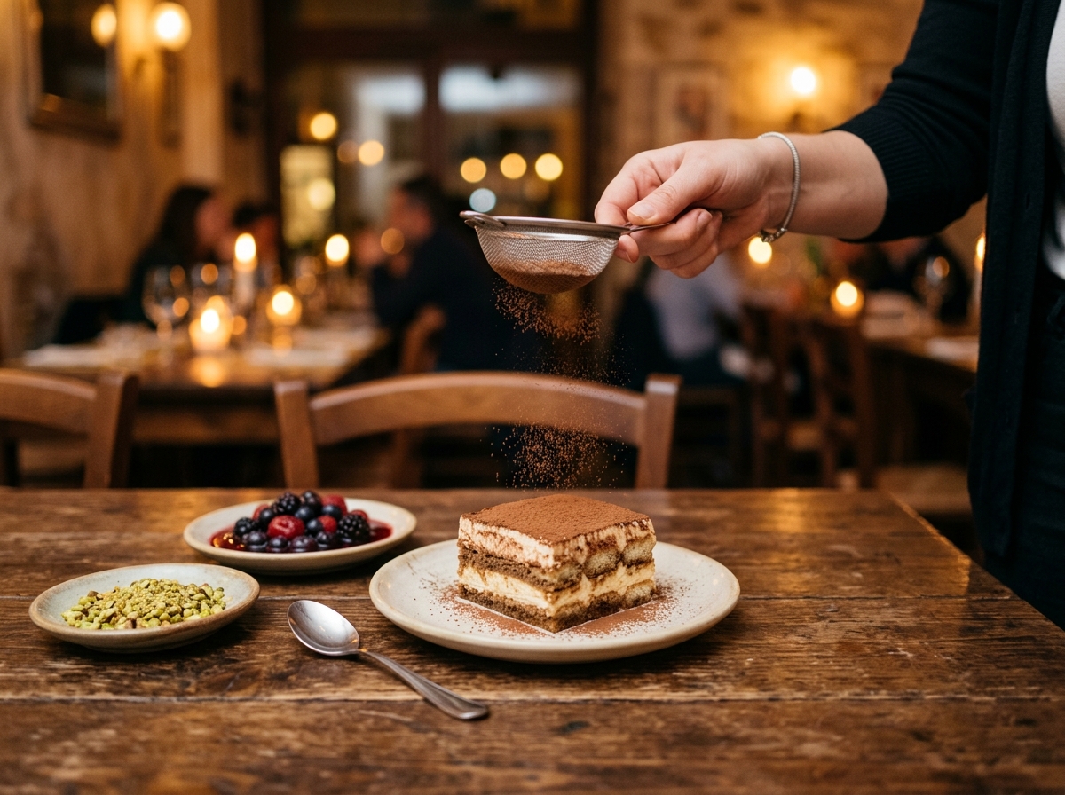 Eine frisch geschnittene Portion Tiramisù wird auf dem Teller mit Kakao bestäubt, daneben Pistazienbruch und eingekochte Beeren