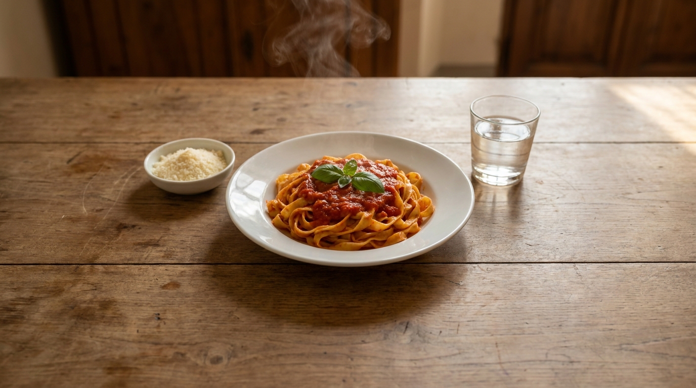 Plate of handmade tagliatelle in tomato sauce and basil on a wooden table