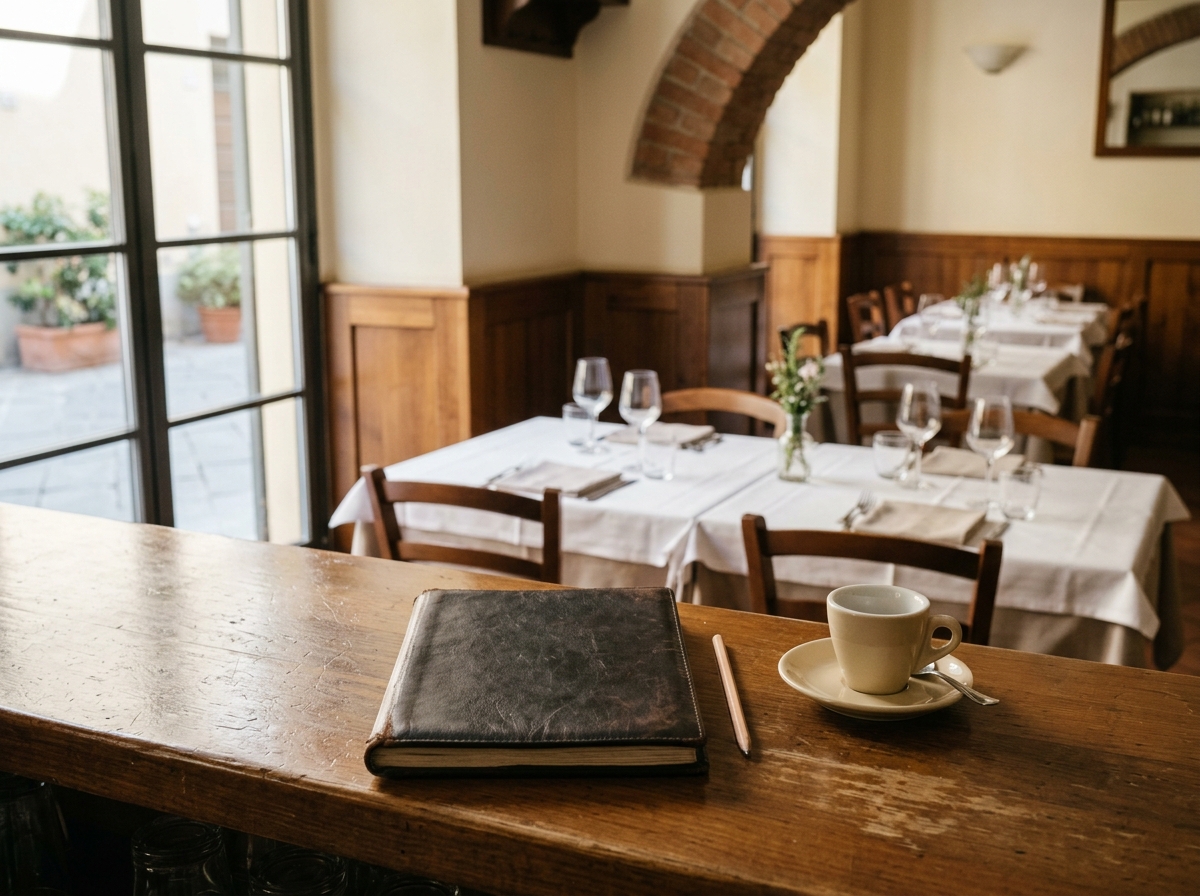 Geschlossenes Reservierungsbuch, Bleistift und Espressotasse auf dem Tresen der leeren Trattoria im Vormittagslicht