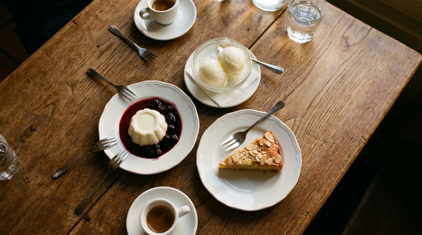 Drei Dessertteller mit Panna cotta, Zitronensorbet und Mandelkuchen stehen zum Teilen in der Tischmitte, daneben Espressotassen