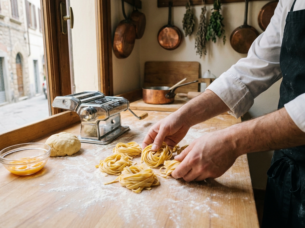 Frisch geschnittene Tagliatelle in Nestern auf bemehlter Holzplatte neben einer Handkurbel-Nudelmaschine