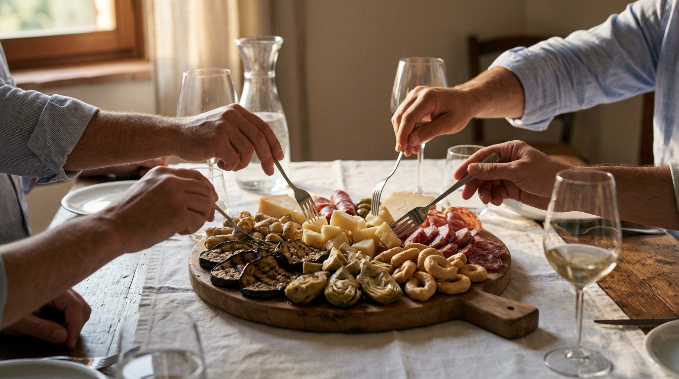 Große Antipasti-Platte in der Tischmitte, mehrere Hände greifen mit kleinen Gabeln nach gegrilltem Gemüse, Käse und Salami