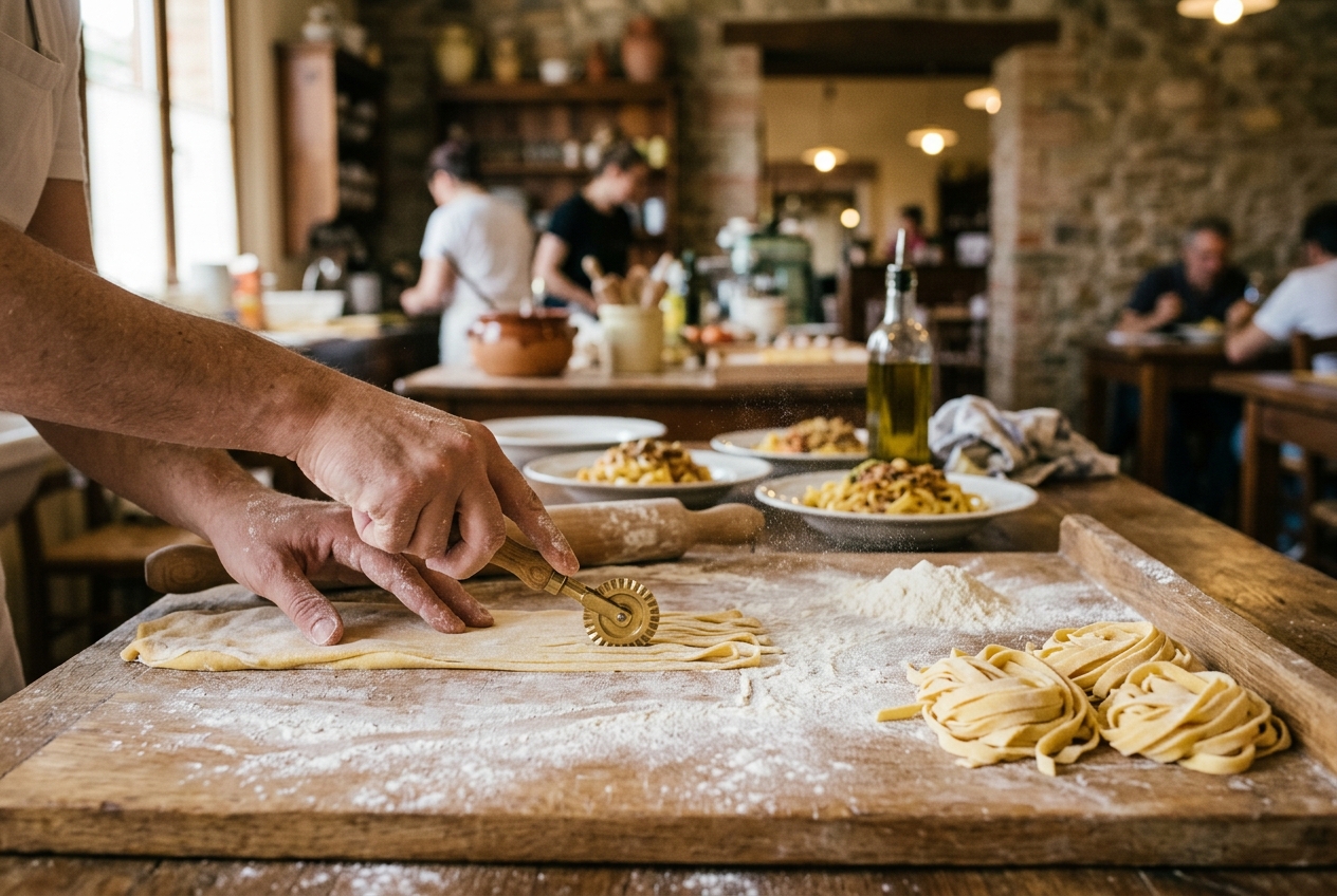 Frische Pasta wird von Hand auf einem bemehlten Holzbrett gerollt