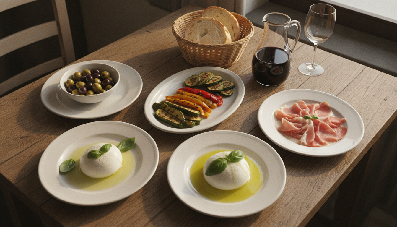 Gedeckter Holztisch mit Antipasti-Tellern, Weißbrot und einer Karaffe Rotwein in einer Trattoria