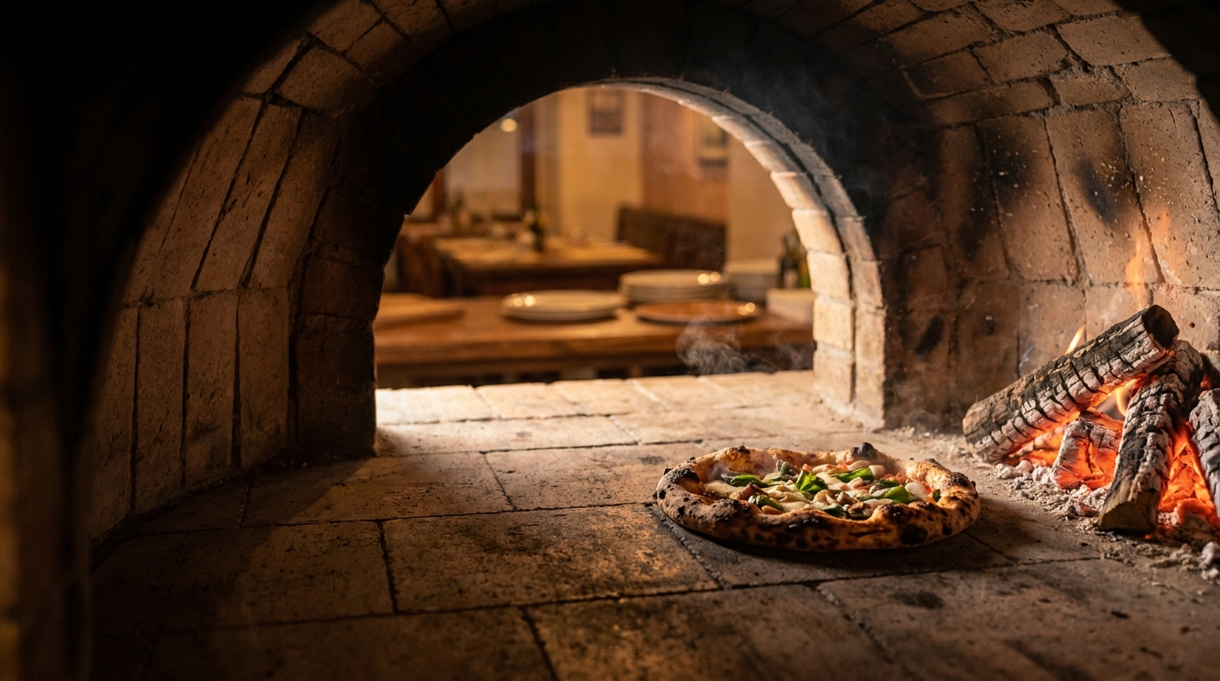 Pizza mit geblähtem, gefleckten Rand auf dem Schamottboden eines gemauerten Holzbackofens neben offenem Buchenholzfeuer