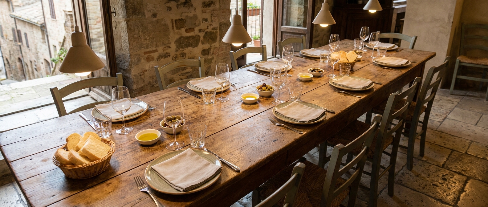 Langer Holztisch für acht Personen in der Trattoria, eingedeckt mit Gläsern, Weißbrot, Olivenöl und Oliven