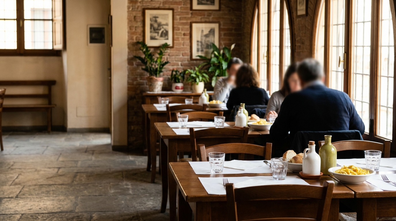 Set wooden tables of a trattoria in midday light, with tall mullioned windows and a brick wall behind