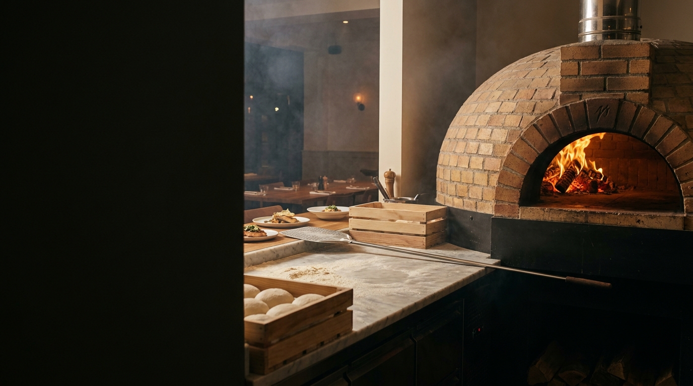Open trattoria kitchen with a burning domed wood-fired oven, a marble worktop with flour and dough balls, and a pizza peel.