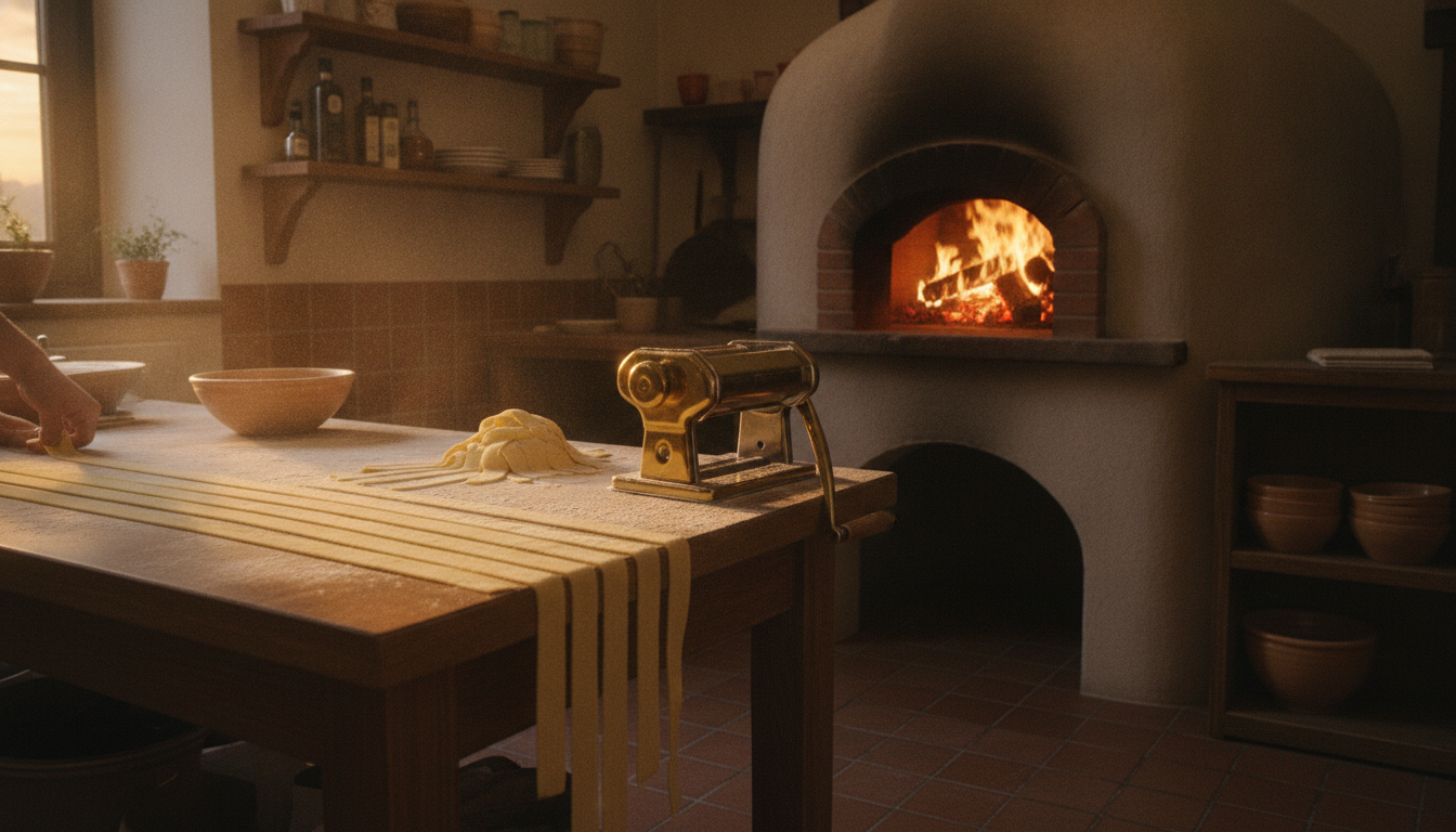 Trattoria-Küche mit gemauertem Holzofen und frisch gerollten Pastabändern auf bemehlter Holzarbeitsplatte