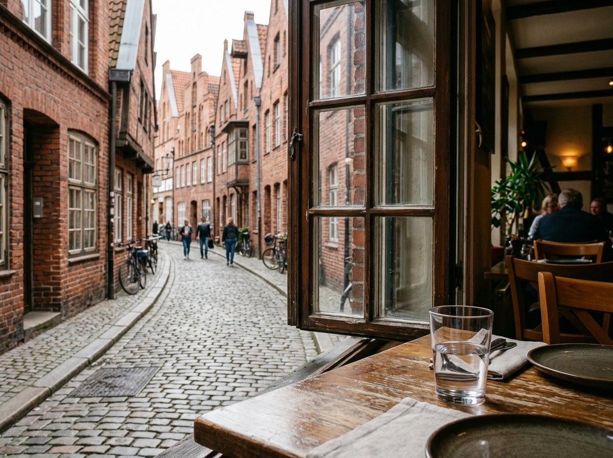 View from the trattoria window onto an old town alley with brick gables and cobblestones
