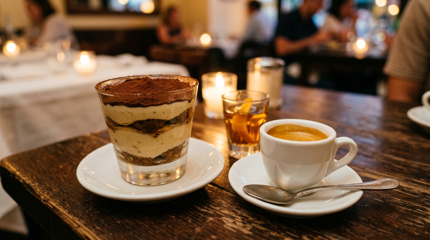 Tiramisu im Glas mit Kakaoschicht auf dunklem Holztisch, daneben eine Espressotasse mit Crema, ein Löffel und ein Glas Amaro.