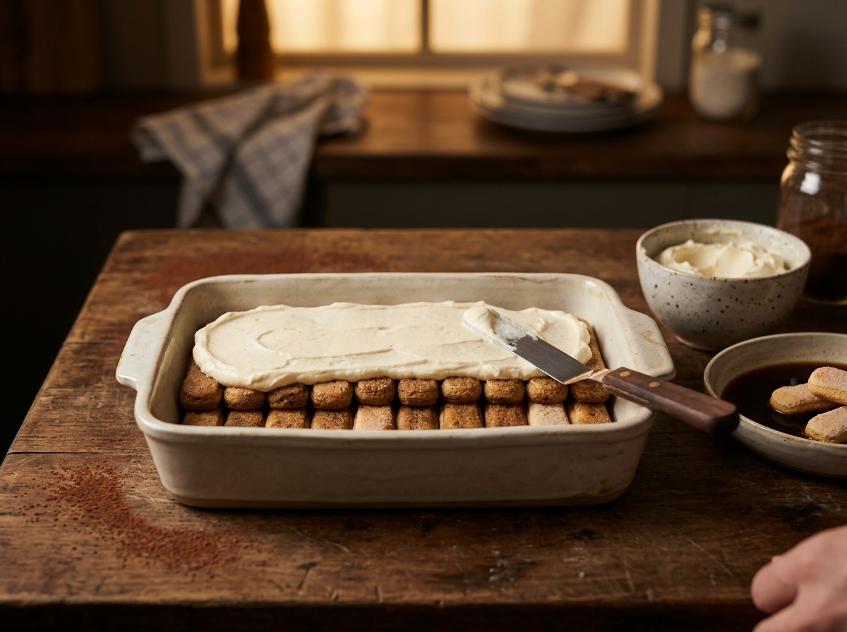 Flache Form, in der getränkte Löffelbiskuits und Mascarpone-Creme abwechselnd geschichtet werden