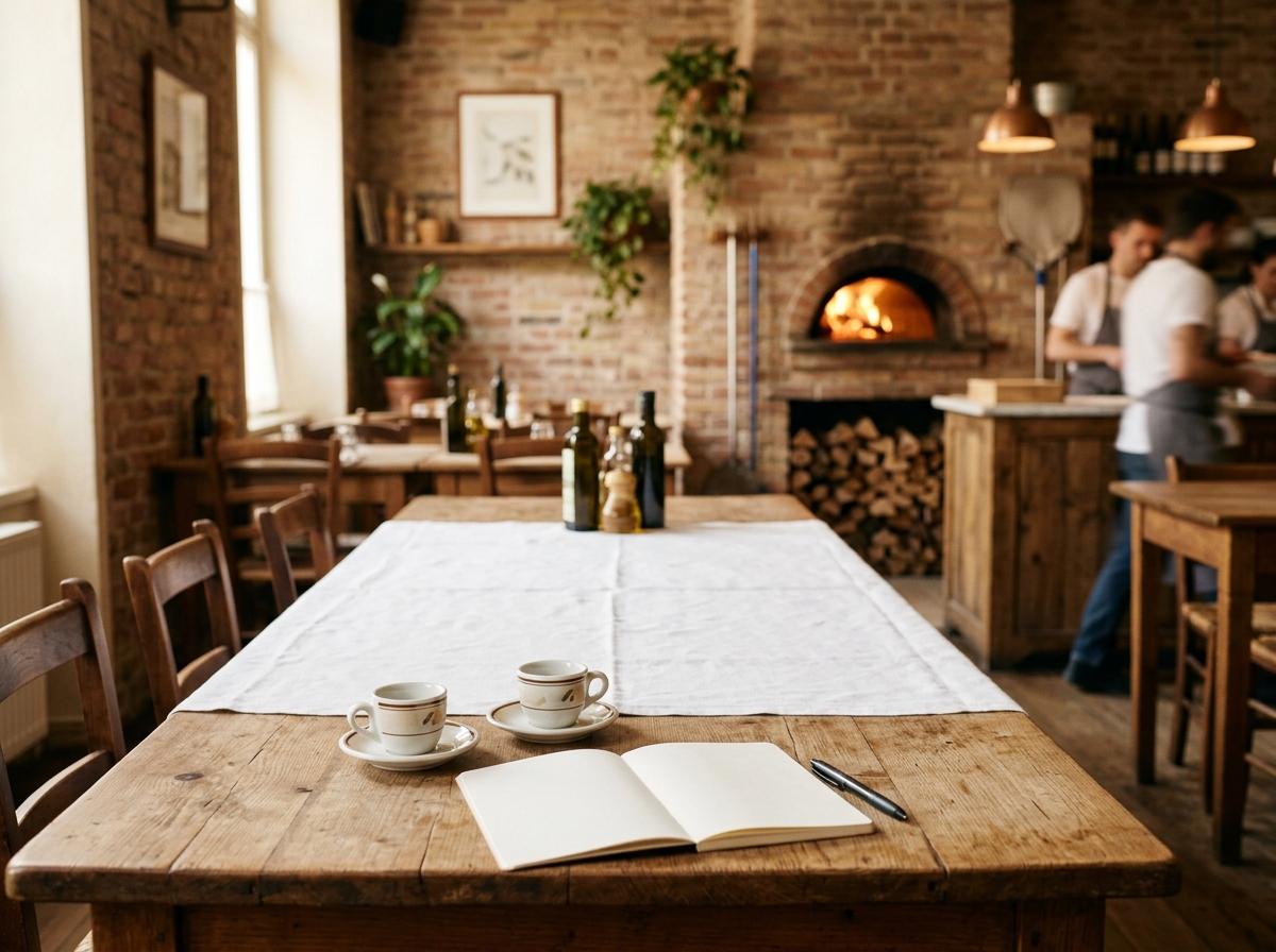 Lange Tafel im hinteren Gastraum am Nachmittag, darauf zwei Espressotassen und ein Notizblock