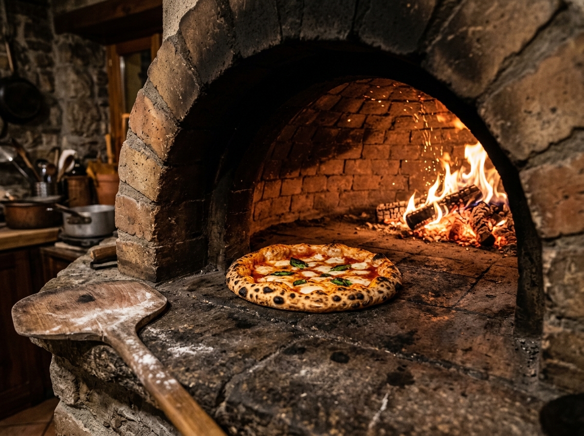 Pizza Margherita auf dem Steinboden eines gemauerten Holzbackofens neben einem kleinen Holzfeuer