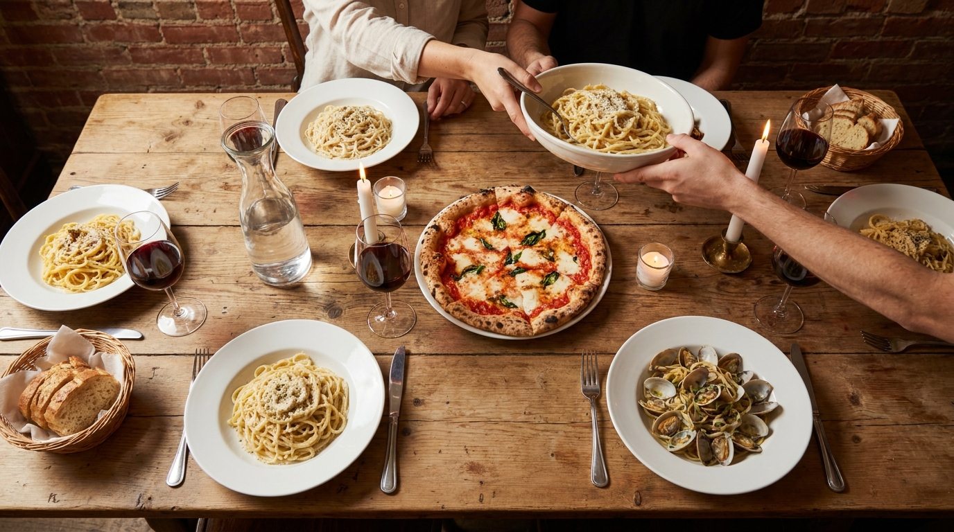 Langer gedeckter Holztisch mit Pasta, Holzofenpizza, Brot und Weingläsern in einem warm beleuchteten Gastraum