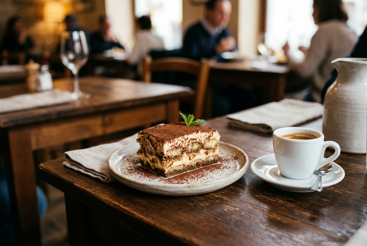 Ein Stueck Tiramisu mit Kakao bestaeubt, daneben ein Espresso