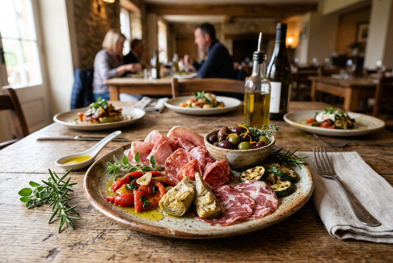 Antipasti-Platte mit eingelegtem Gemuese und Oliven