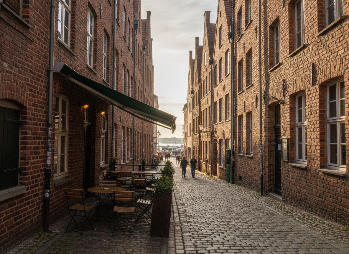 Schmale Terrasse mit Holztischen und Markise vor einer Backsteinfassade in einer Lübecker Altstadtgasse mit Kopfsteinpflaster