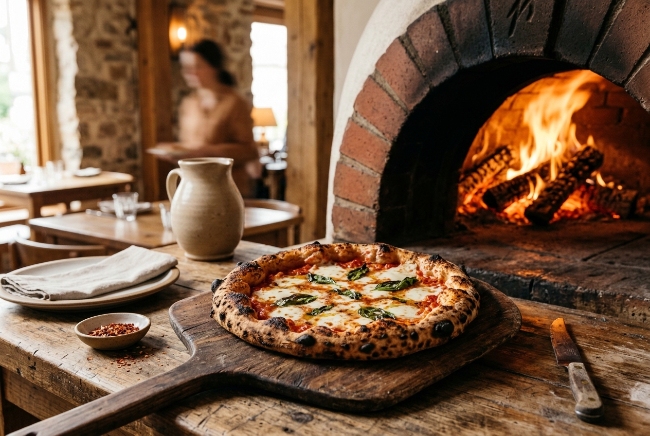 Holzofenpizza mit gebraeunten Raendern auf einem Holzbrett