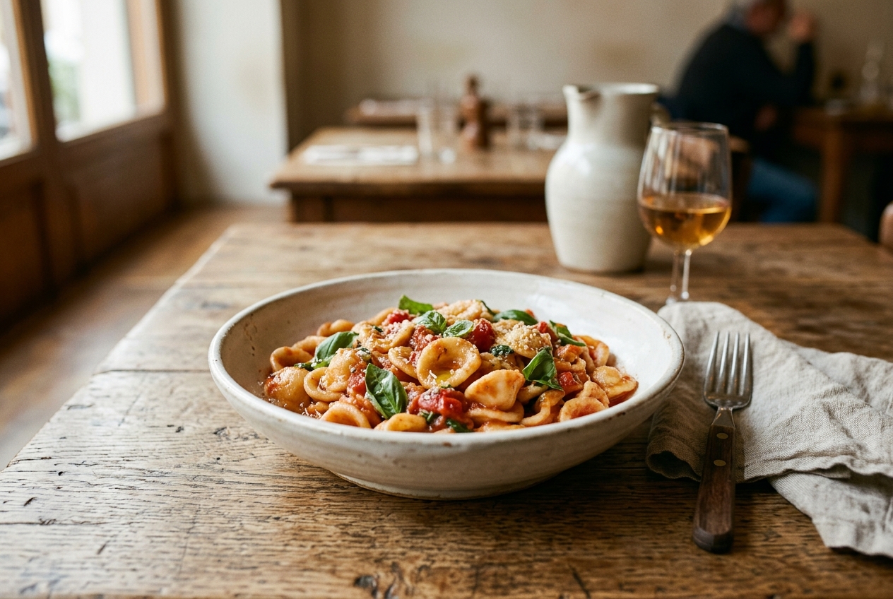 Schale mit handgemachten Orecchiette und Tomatensauce