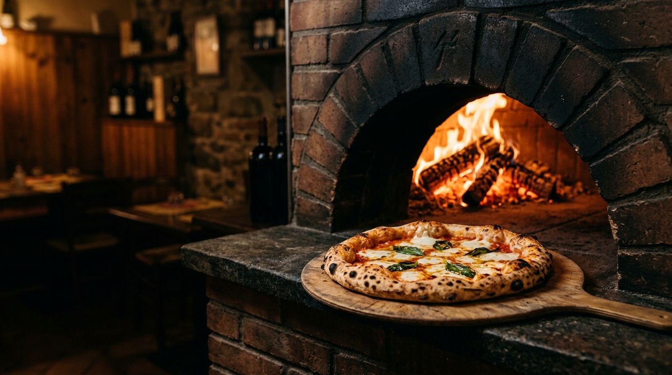 Pizza Margherita mit blasigem Rand auf einem Holzschieber vor der glühenden Öffnung des gemauerten Holzofens