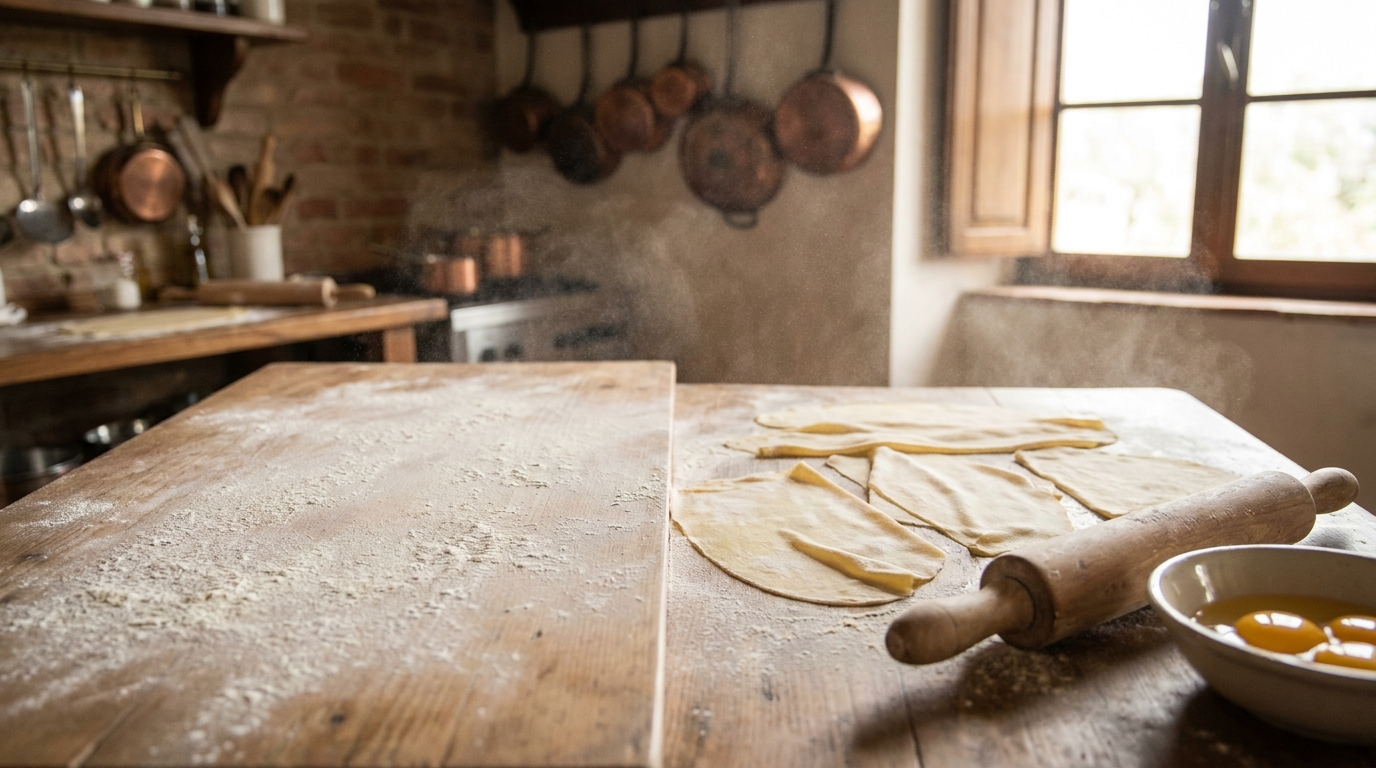Freshly rolled sheets of pasta dough with a rolling pin and flour on a wooden kitchen table
