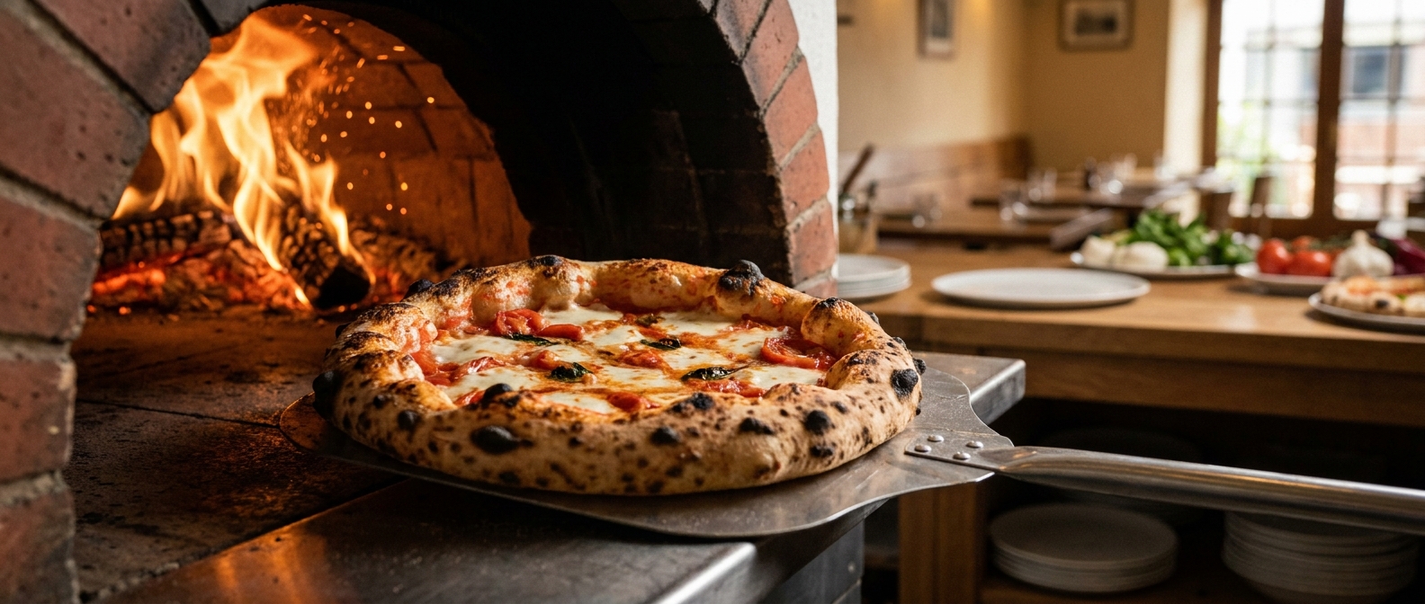 Pizza on the oven shovel in the opening of a wood-fired oven, with flames visible against the oven wall
