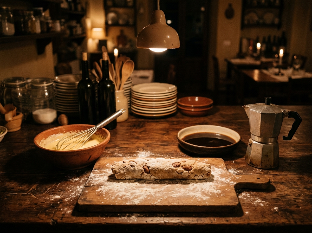 Am Vorabend vorbereitet: Rolle aus Mandelteig für Cantuccini, aufgeschlagene Eigelb-Zucker-Masse und abkühlender Espresso auf der Arbeitsplatte