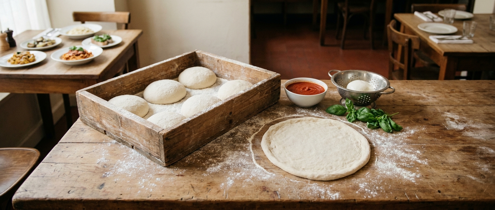 Vorbereitete Zutaten auf der bemehlten Arbeitsfläche: Holzkiste mit Teigkugeln, ausgezogener Pizzaboden, passierte Tomaten, Basilikum und Mozzarella