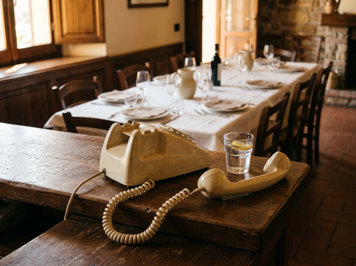Telefon mit abgenommenem Hörer neben einem Reservierungsheft auf dem Tresen, dahinter eine für eine Gruppe gedeckte Tafel