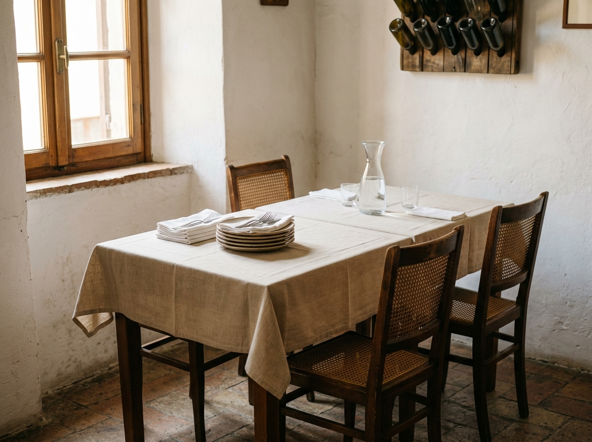 Zwei zusammengeschobene Tische im Nebenbereich der Trattoria, mit frischer Tischdecke, bereitgestellten Tellern und Servietten im Tageslicht