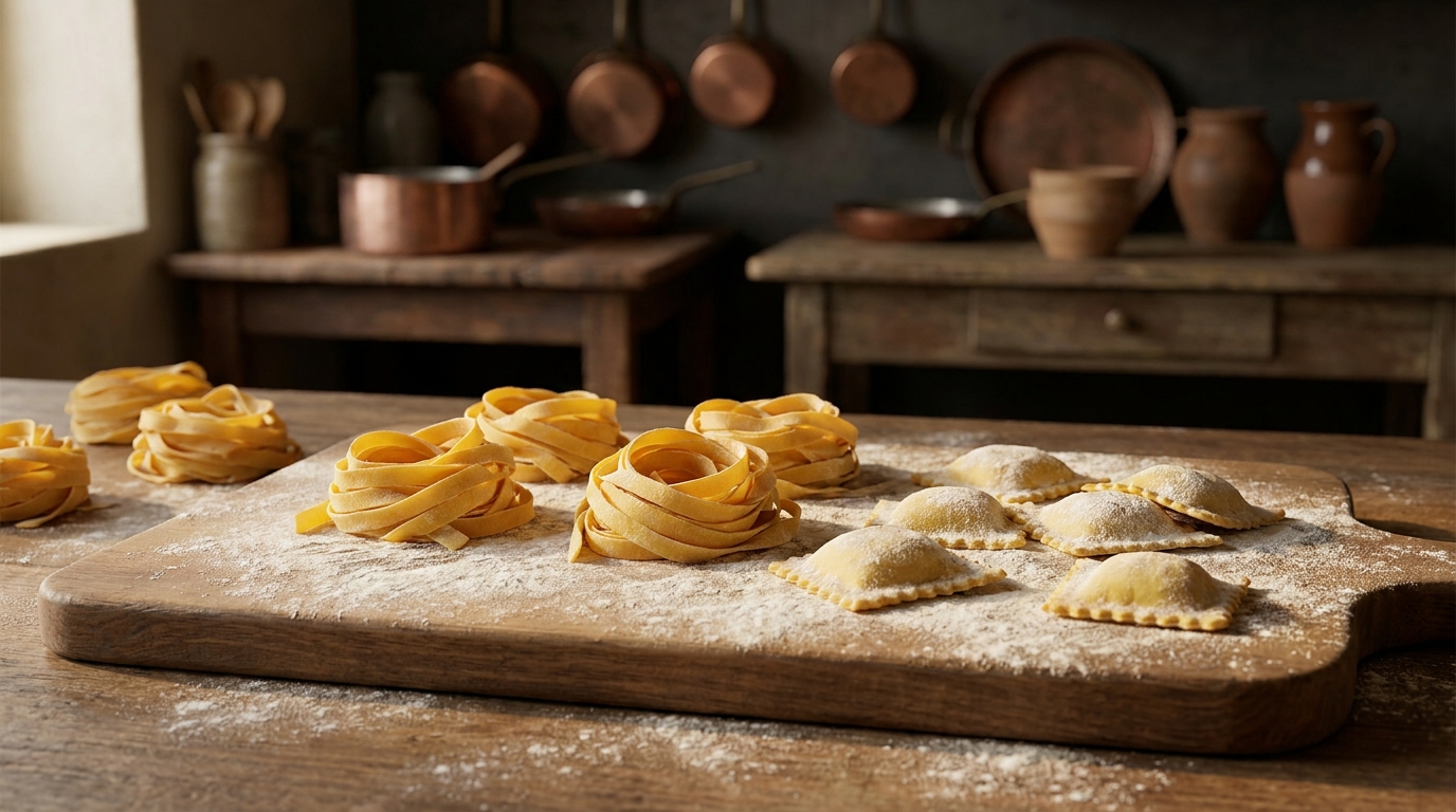 Nests of freshly cut tagliatelle and hand-shaped ravioli on a floured wooden board